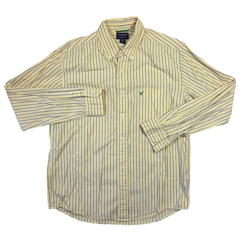 Vintage American Eagle Mens Yellow Blue Striped Button Down Shirt M Preppy Y2k